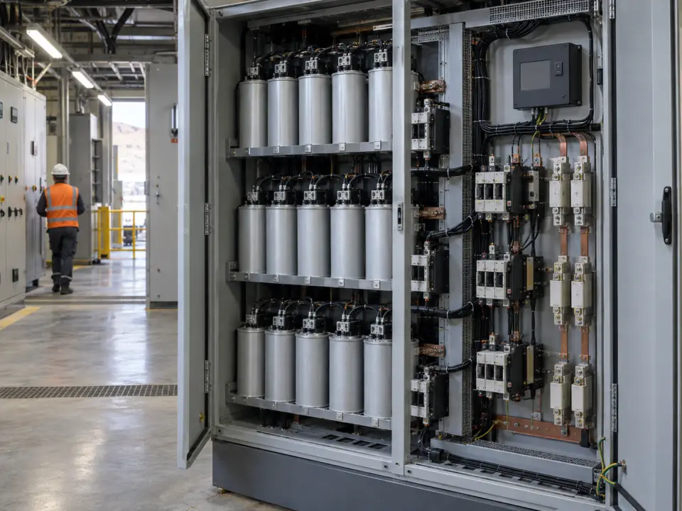 Gabinete de banco de condensadores abierto, con tres filas de condensadores cilíndricos, contactores y fusibles en una sala eléctrica
