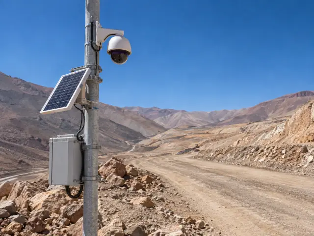 Cámara de seguridad en un poste con panel solar y caja de batería junto a un camino de faena
