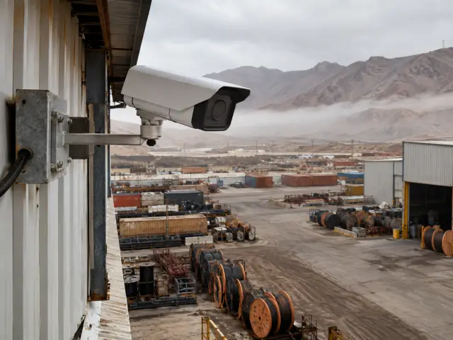 Cámara de seguridad blanca en la esquina de una bodega metálica, vigilando un patio con contenedores y carretes de cable bajo neblina costera