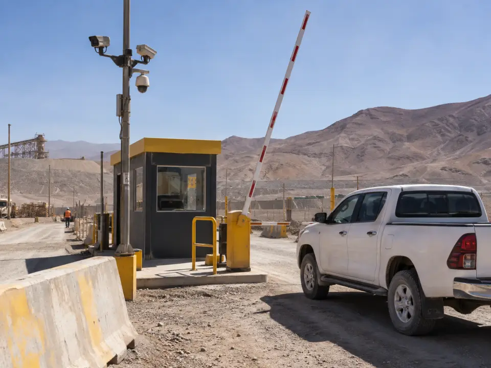 Garita de control de acceso con barrera vehicular y cámaras en una entrada de faena