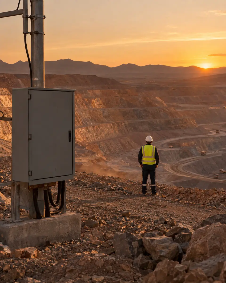 Técnico con casco y chaleco reflectante mirando un rajo abierto al atardecer, junto a un tablero eléctrico en un poste