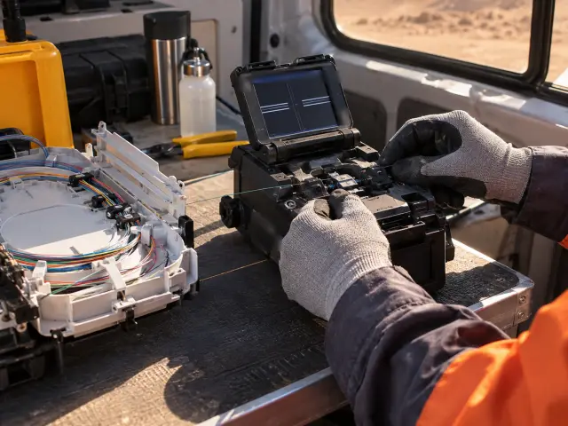 Manos con guantes usando una fusionadora de fibra óptica dentro de una camioneta de trabajo