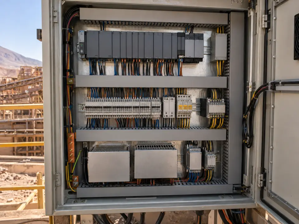 Gabinete de control abierto con PLC, borneras y cableado ordenado