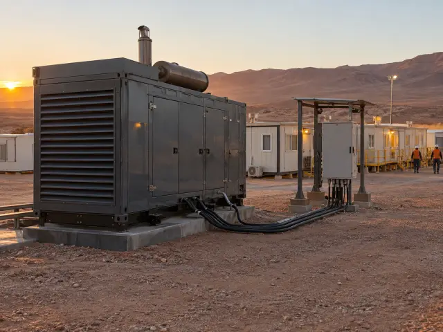 Grupo electrógeno en contenedor insonorizado junto a un campamento modular en el desierto