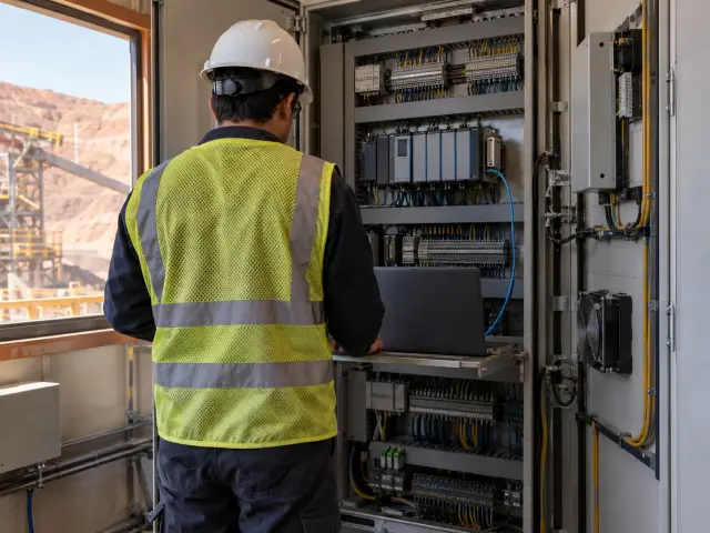 Técnico de espaldas con un notebook conectado por cable de red a un gabinete de control con PLC modular y borneras