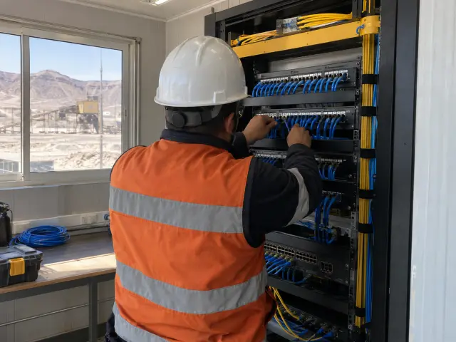 Técnico con casco ordenando cables de red en un rack dentro de un contenedor de oficina con vista al desierto