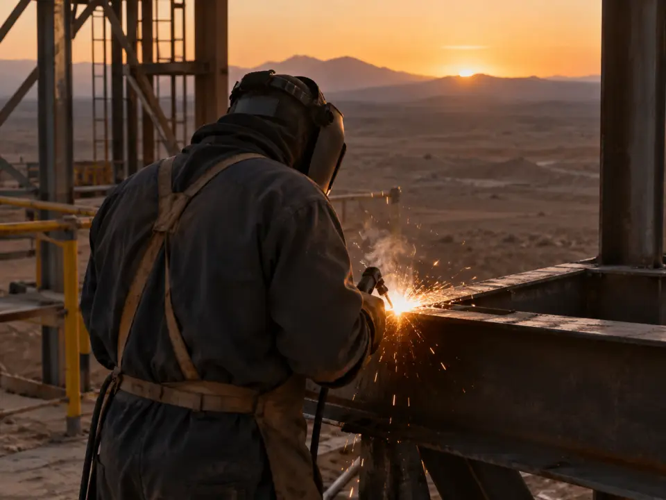 Soldador de espaldas trabajando una pieza de acero en terreno con chispas al atardecer