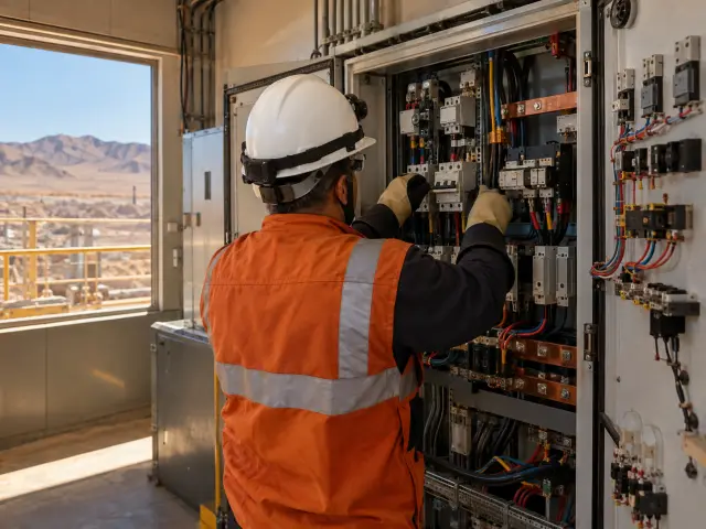 Técnico de espaldas revisando el cableado de un tablero eléctrico industrial abierto, con el desierto por la ventana