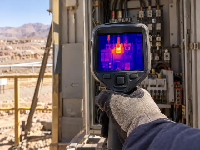 Cámara termográfica apuntando a un tablero, con un punto caliente naranja en la pantalla