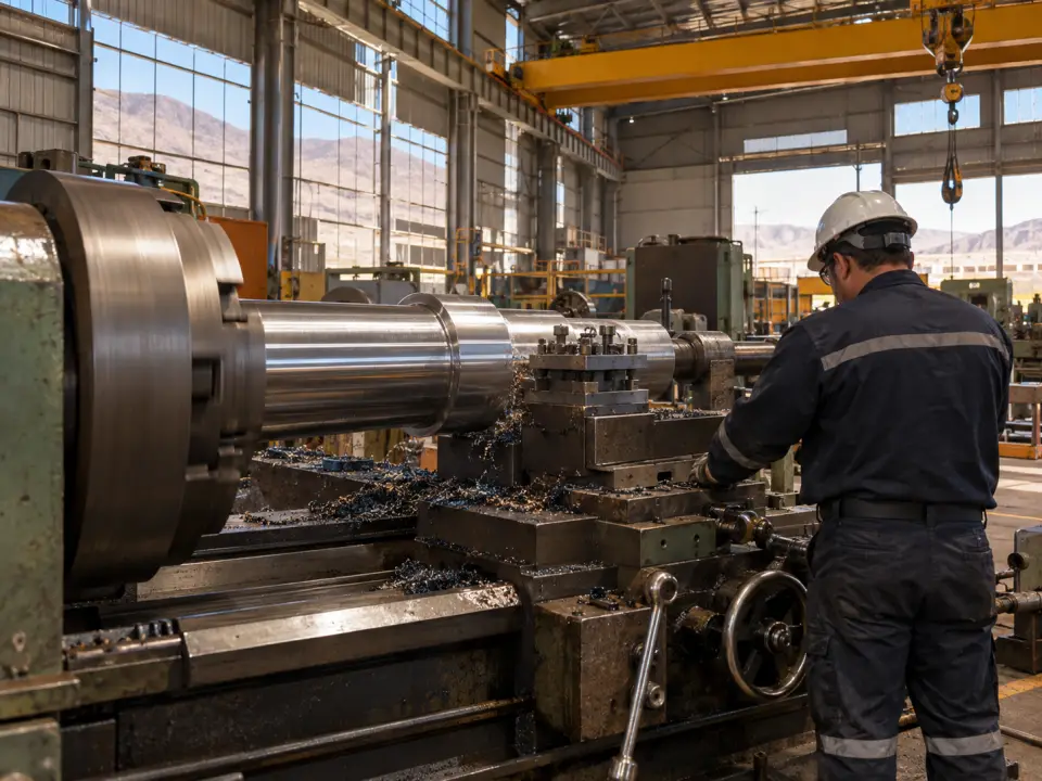 Operario de espaldas junto a un torno horizontal que mecaniza un eje largo en una nave industrial con cerros al fondo