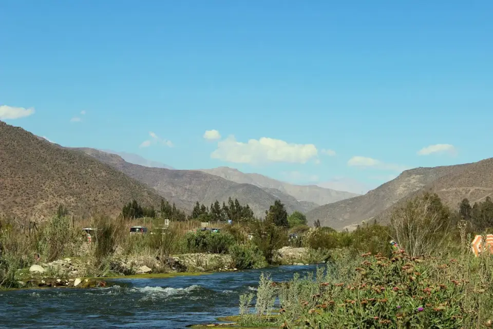 Río con matorral y árboles en sus orillas, entre cerros secos de un valle del norte chico
